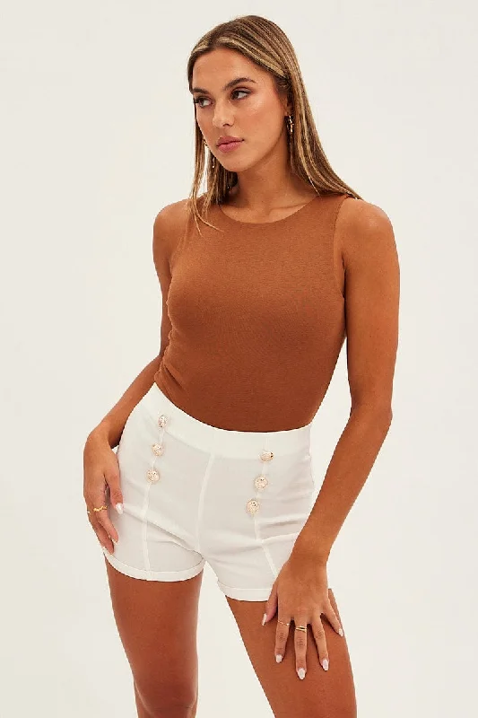 White Shorts High Rise Button Through