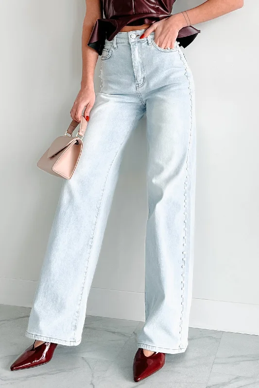 Cynthia High Rise Pearl Detail Vibrant Wide Leg Jeans (Light Stone)