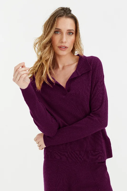 Plum Wool-Cashmere Collared Sweater