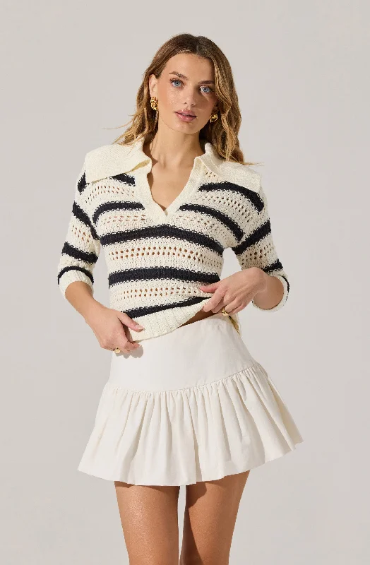 Striped Open Knit Polo Sweater