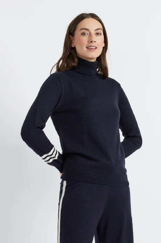 Navy Wool-Cashmere Contrast Rollneck Sweater