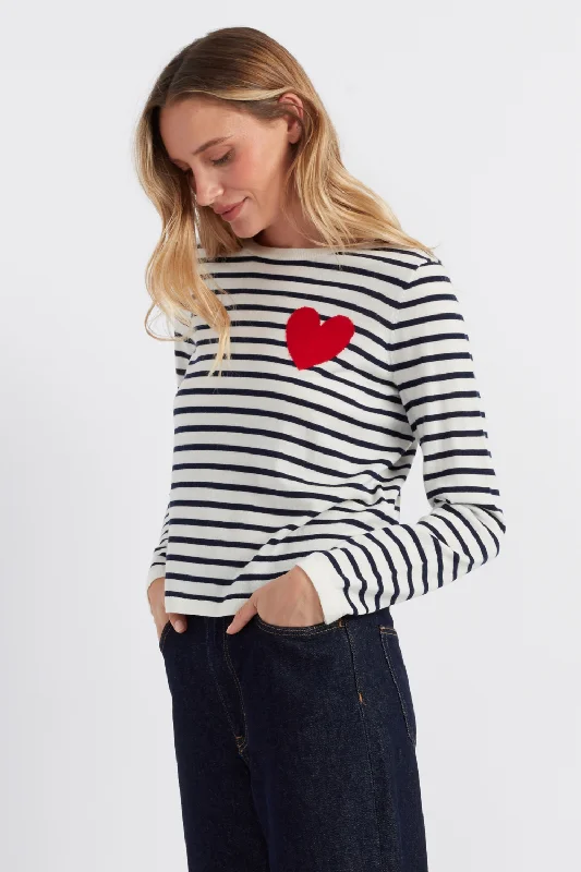 Cream-Navy Merino Heart Breton Sweater