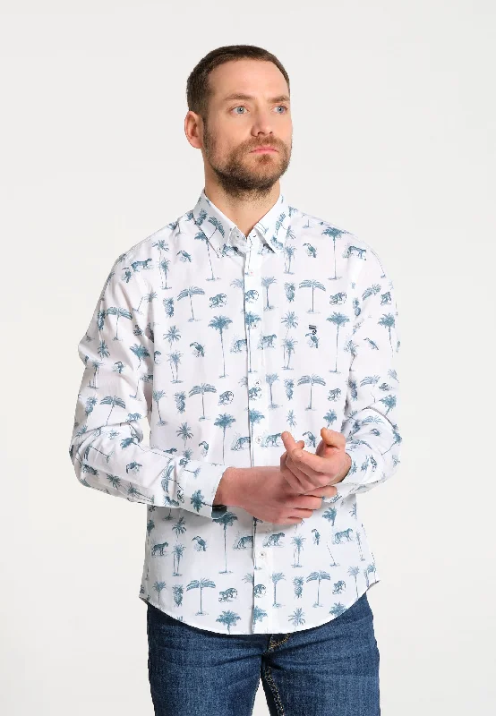 Chemise homme manches longues blanche avec imprimé jungle