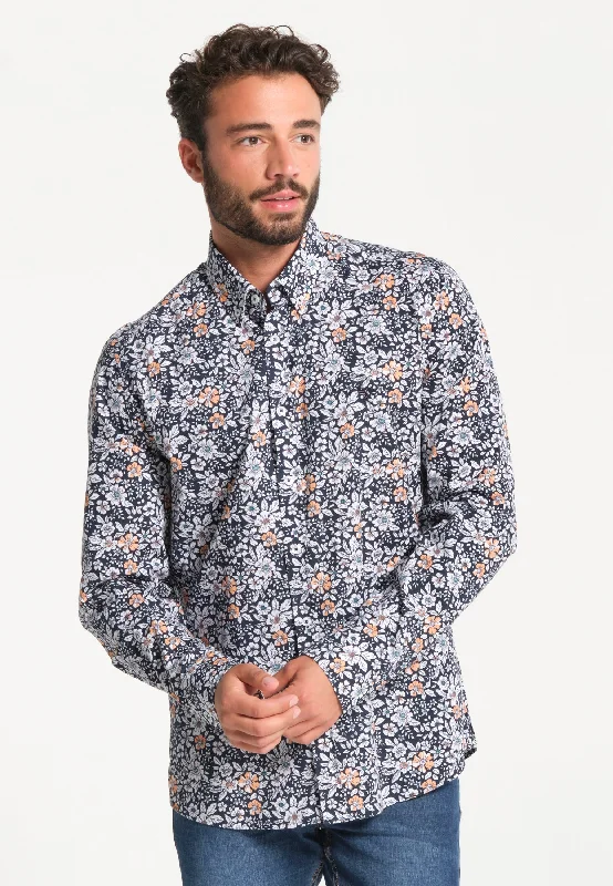 Chemise homme bleue avec imprimé floral rose