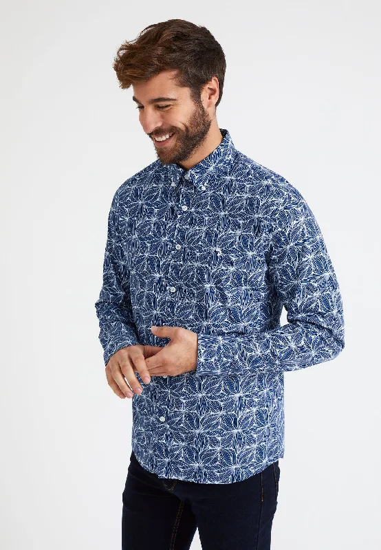 Chemise homme, imprimé feuilles bleues, col boutonné