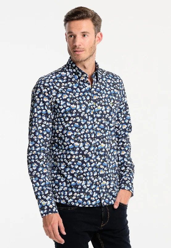 Chemise homme bleue marine avec fleurs brossées