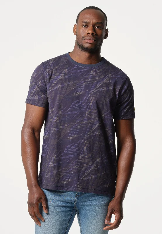 T-Shirt homme bleu marine avec imprimé végétal ton sur ton