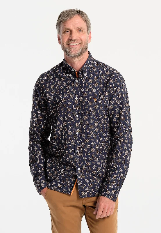 Chemise homme collector bleue marine avec fleurs oranges et blanches