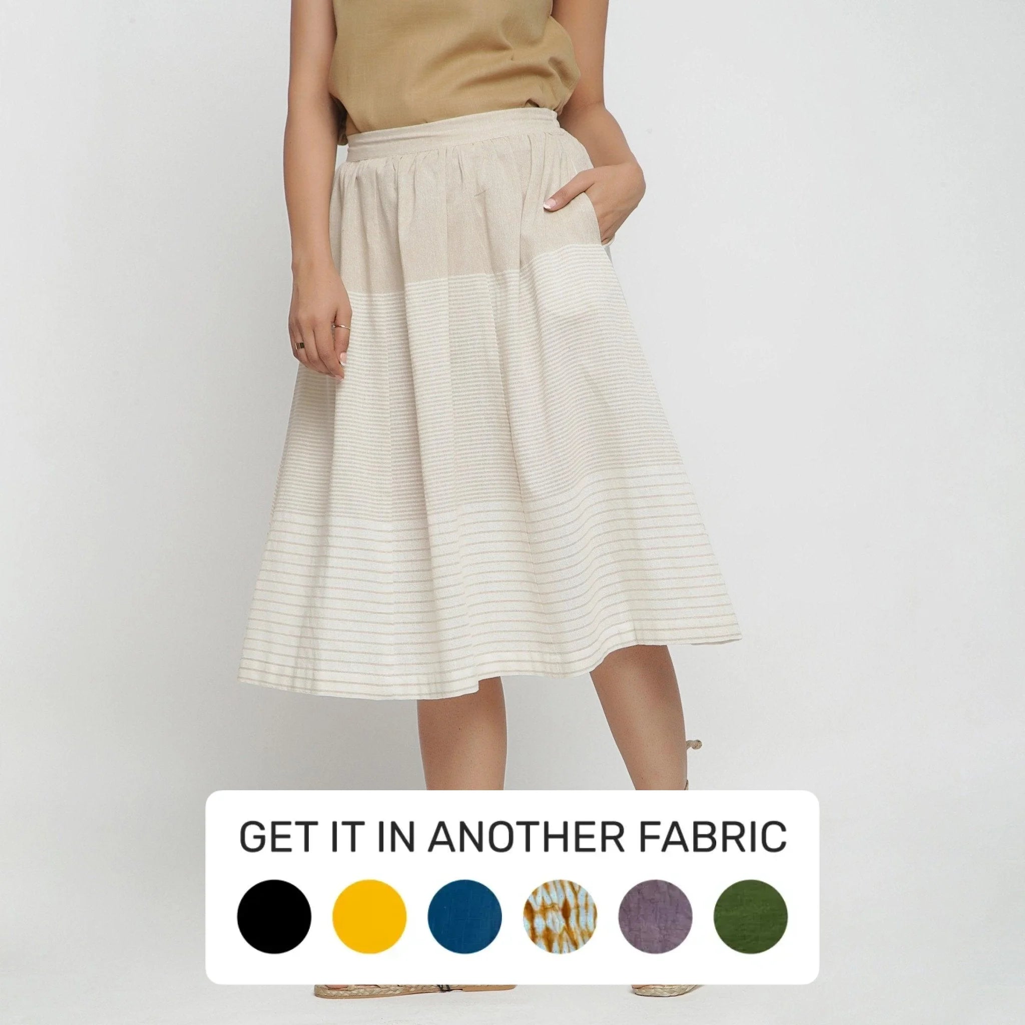 Beige Striped Cotton Elasticated Midi Paneled Skirt