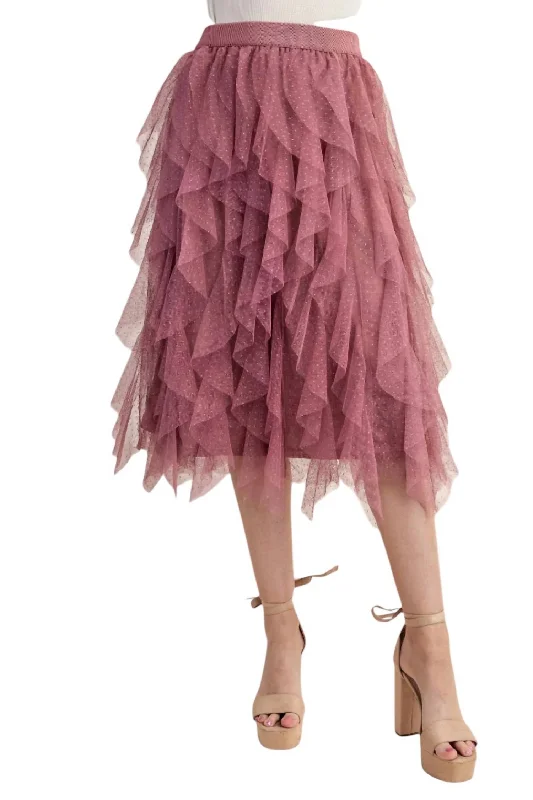 Ruffled Tulle Midi Skirt In Pink