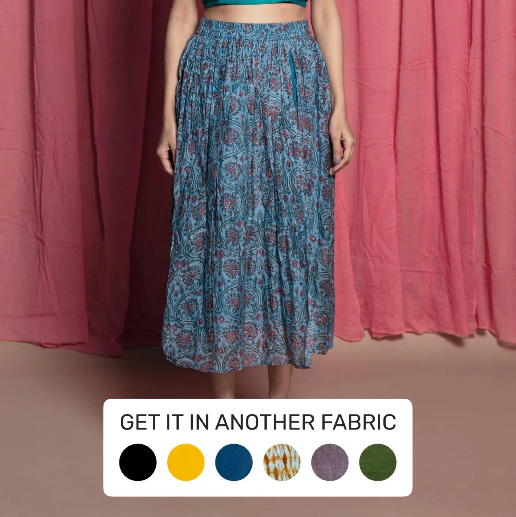 Teal Chanderi Cotton Block Printed Midi Skirt