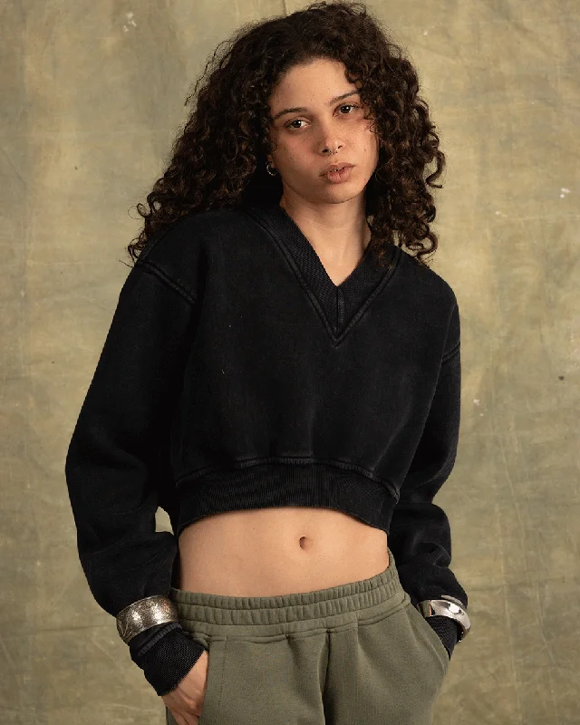 Black Cropped V-Neck Sweatshirt